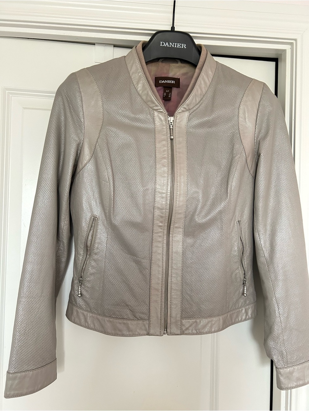 Danier Light Taupe Perforated Leather Bomber Jacket